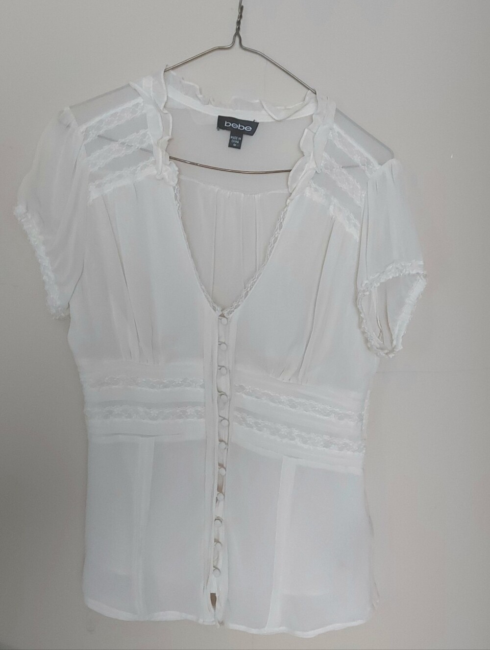 bebe Cream Ruffle Neck Y2K Silk Sheer Blouse